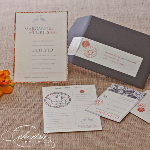 Orange and grey wedding invitations