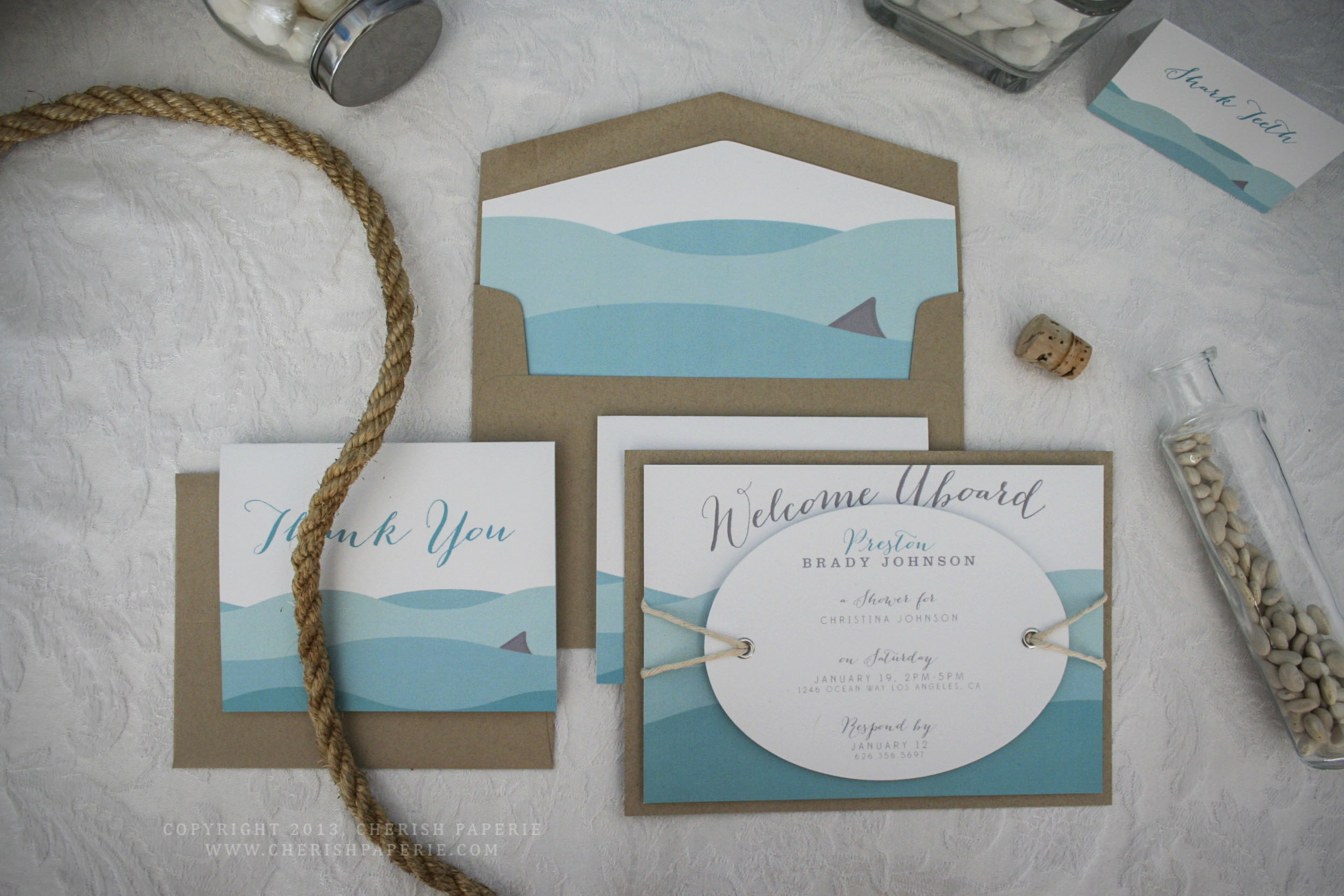 Baby Shower; Cherish Paperie; Ships Ahoy; Nautical shower; boys baby shower; shark-themed shower; blue and grey; blue events; grey events; grey wedding inspiration