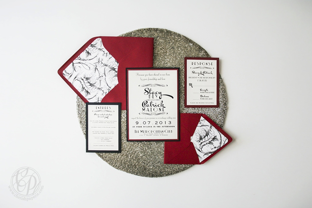 Cherish Paperie, Hollywood Glam, vintage wedding, twenties wedding, twenties, roarin twenties, chicago, black and white, red