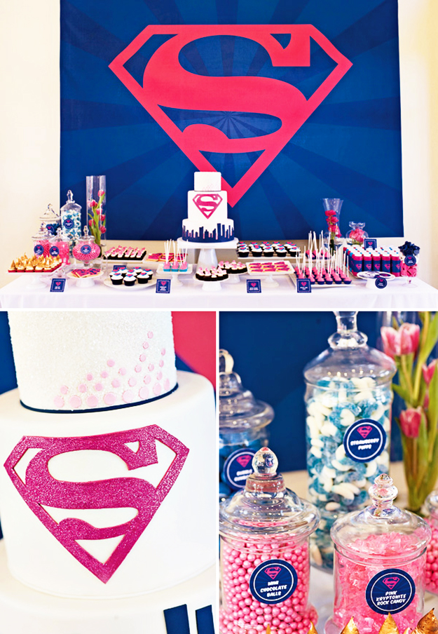 super hero; supergirl; supergirl party; superhero birthday party; superhero party; pink superman party; superman party; pink and blue